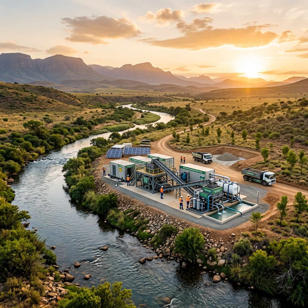 A modern, clean, sustainable mobile mineral processing unit operating ethically near a pristine river in Africa